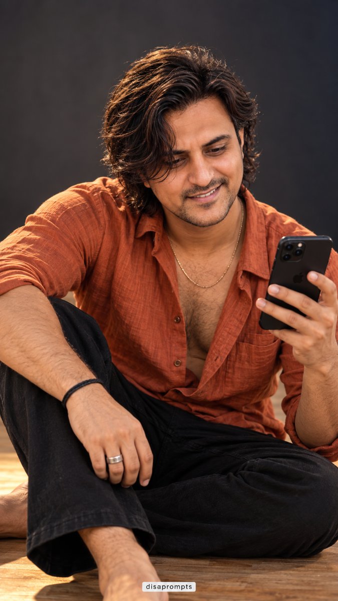 Rust Linen Shirt Black Pants - Sitting Floor Phone Smile. Diinesh Patel AI Prompt Visual
