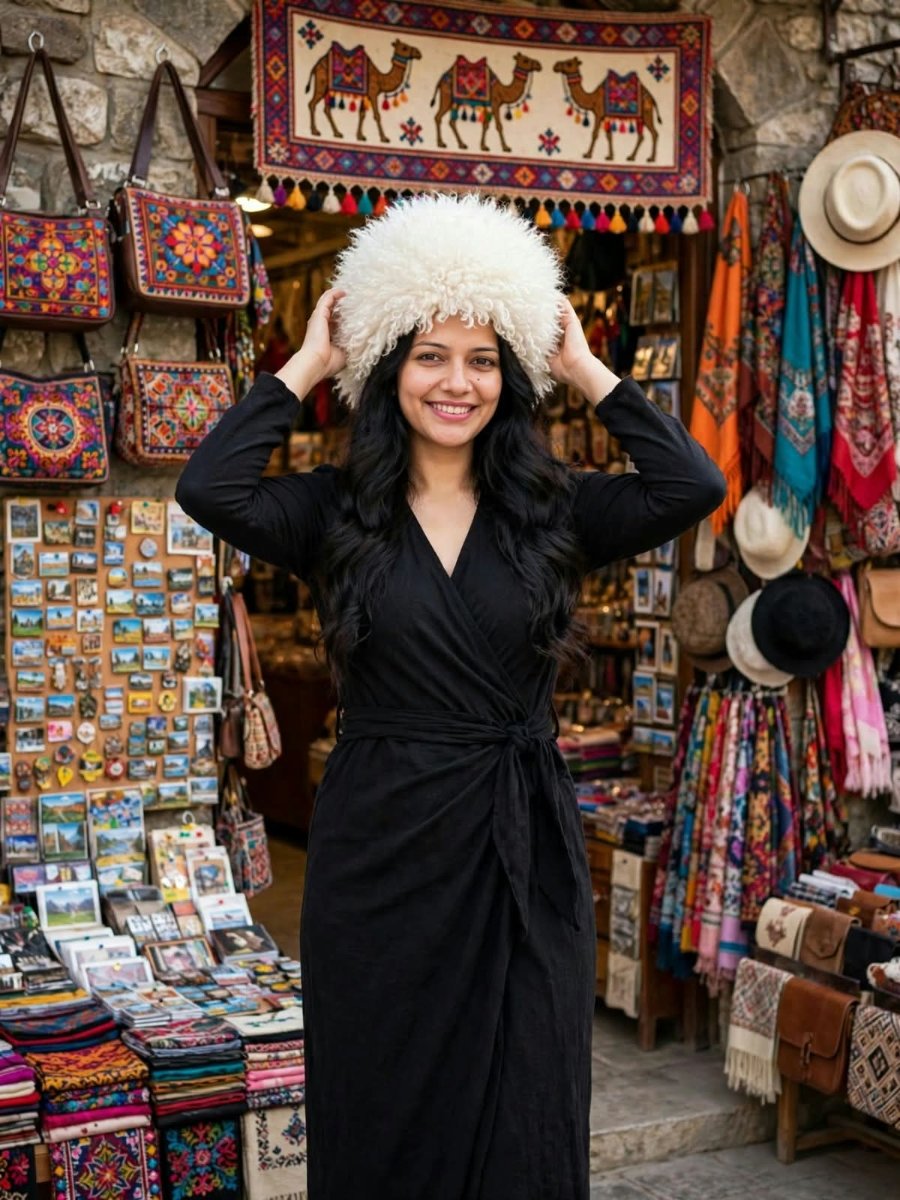 Sanjanaa Arole Travel Style Set - Black Wrap Dress with White Fluffy Papakha Hat AI Prompt Visual
