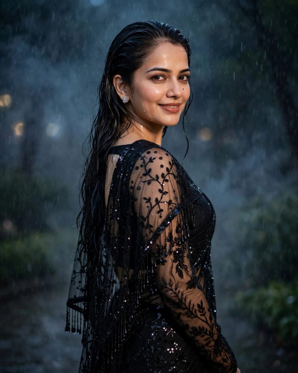 Sanjanaa Arole Rain Outdoor Black Saree Set - Black Sequin Net Saree in Rain AI Prompt Visual