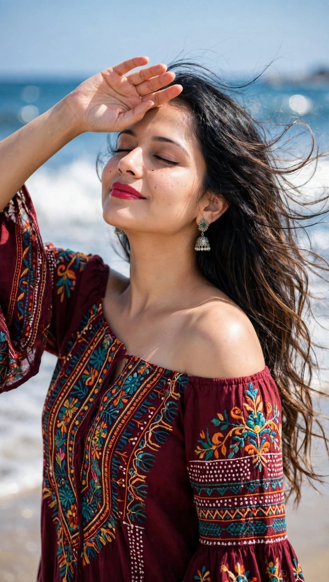 Beachside Boho Embroidered Top Girl - Sanjanaa Arole AI Prompt Visual