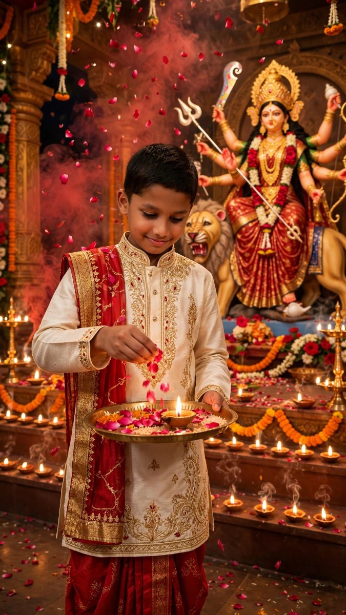 Durga Puja Pushpanjali - Boy Offering Rose Petals with Diya Thali in Durga Mandir AI Prompt Visual