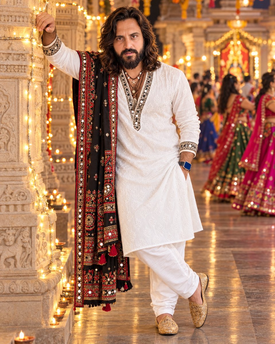 Diinesh Patel Navratri  Prince - Royal Kurta Drap Art AI Prompt Visual