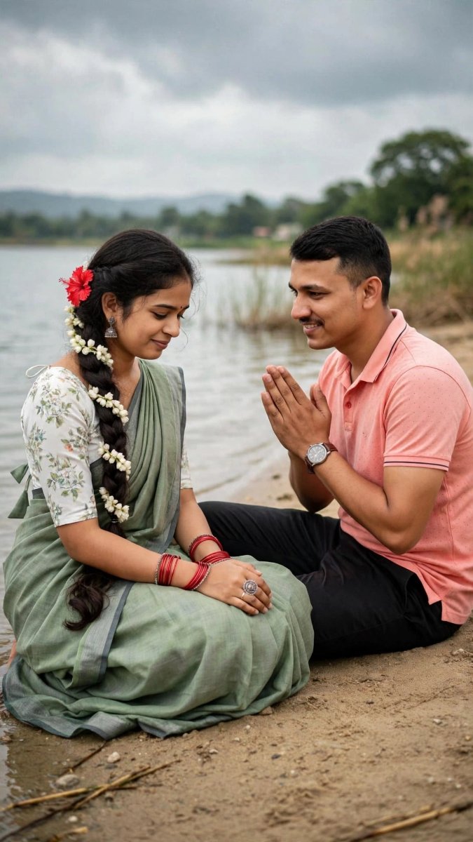 Lake Sorry Pose - Green Saree Pink Shirt Namaste Cute - Face Lock AI Prompt Visual