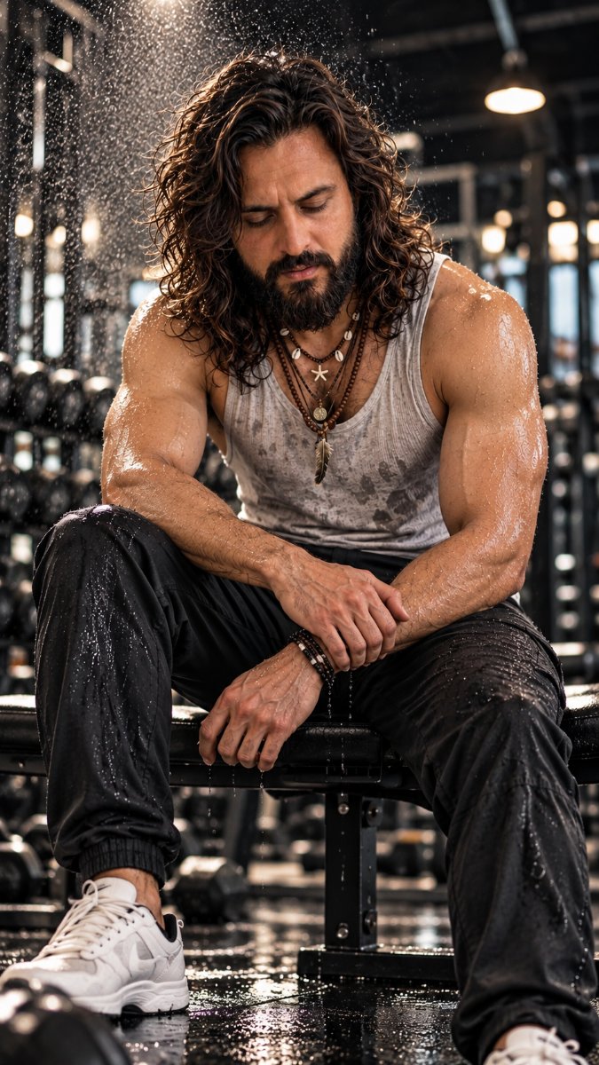 Wet Gym Bearded Long Hair - Tank Top Sweat Bench After Workout. Diinesh Patel AI Prompt Visual