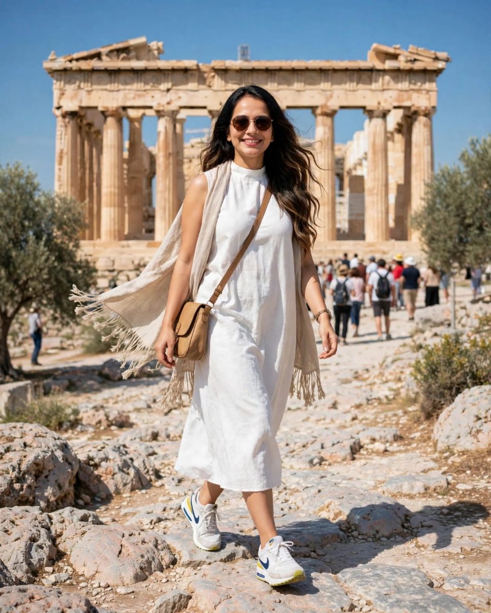 Sanjanaa Arole Athens Walking White Dress Look - White Sleeveless High Neck Midi Dress with Beige Fringe Stole Walking at Parthenon Acropolis AI Prompt Visual