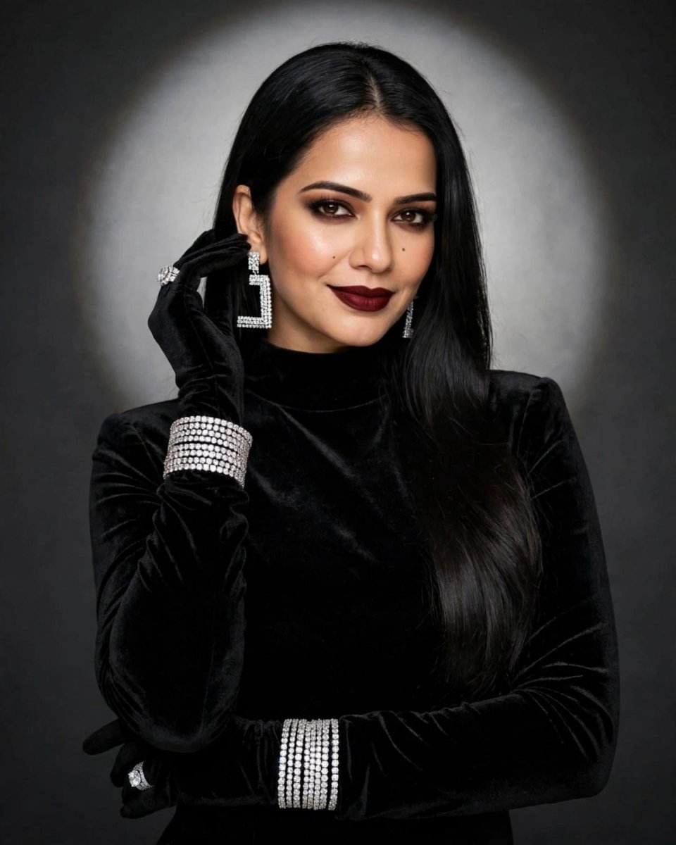 Sanjanaa Arole Glam Black Velvet Look - Black Velvet High Neck Dress with Black Gloves and Diamond Bracelets and Earrings Spotlight AI Prompt Visual
