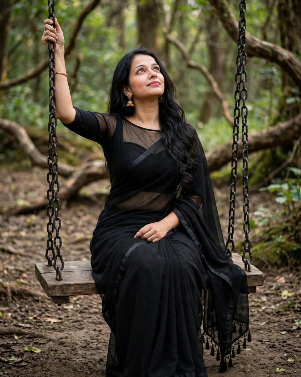 Sanjanaa Arole  Forest Swing Black Saree Set - Black Saree on Wooden Swing AI Prompt Visual