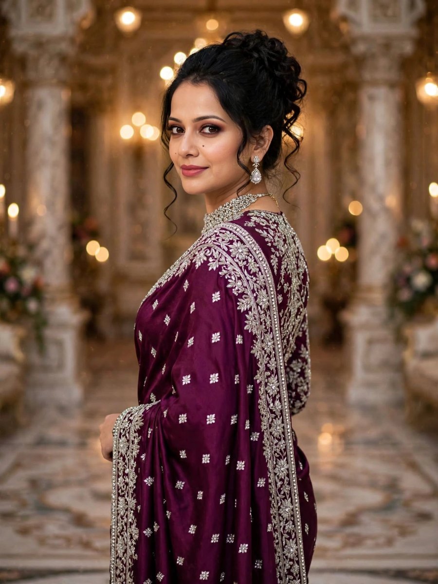 Sanjanaa Arole Backless Wine Bridal Glam Look - Plum Silver Heavy Diamond Embroidered Saree with Cold Shoulder Blouse AI Prompt Visual