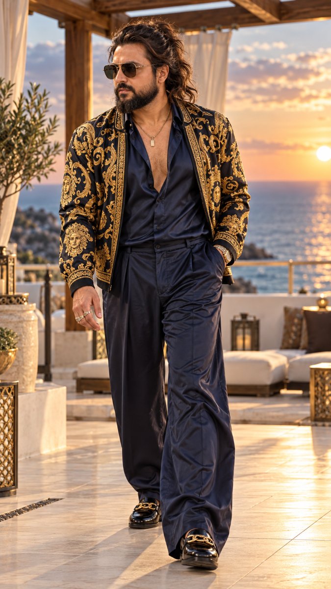 Gold Baroque Bomber Jacket Navy Silk - Diinesh Patel AI Prompt Visual