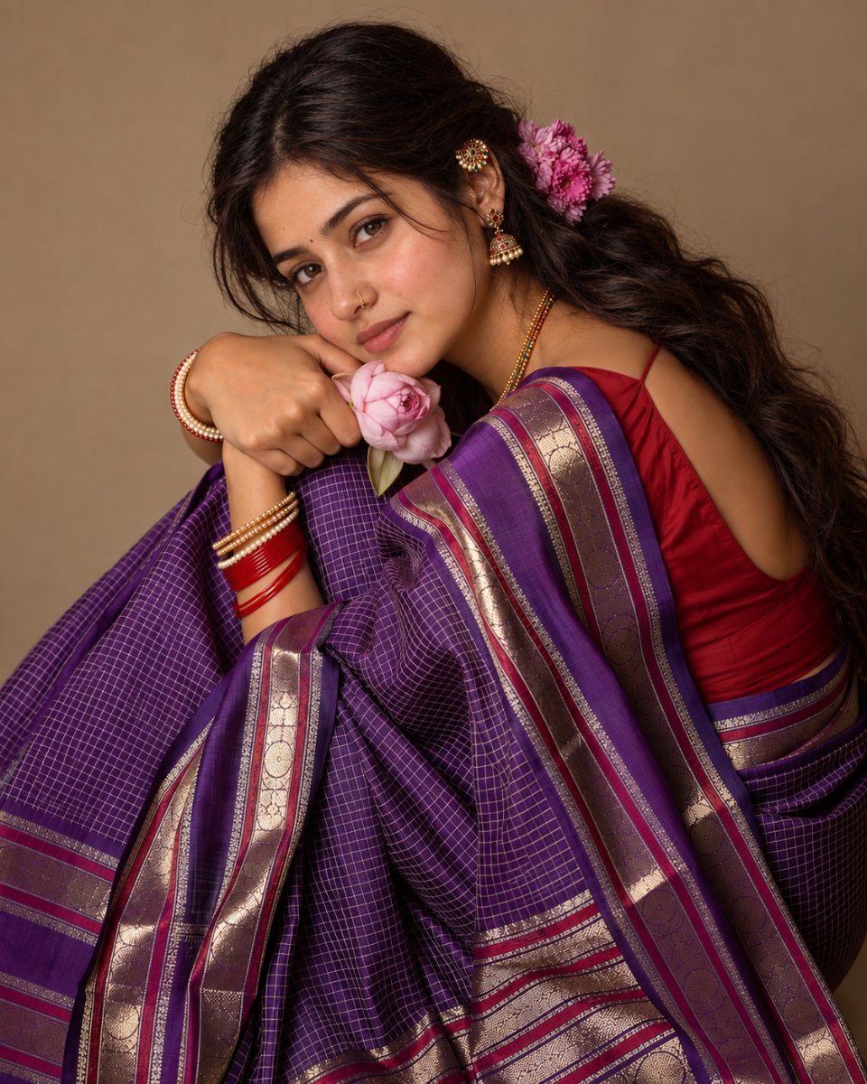 Wistful Rose Portrait in Purple Saree AI Prompt Visual