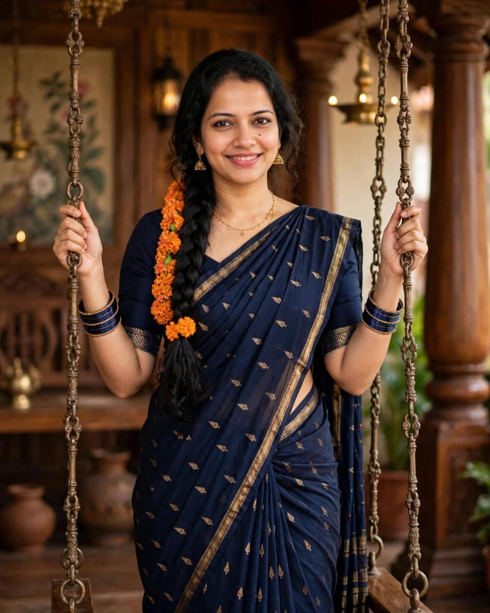 Sanjanaa Arole Kerala Traditional Navy Saree Set - Navy Blue Cotton Saree with Marigold Gajra AI Prompt Visual