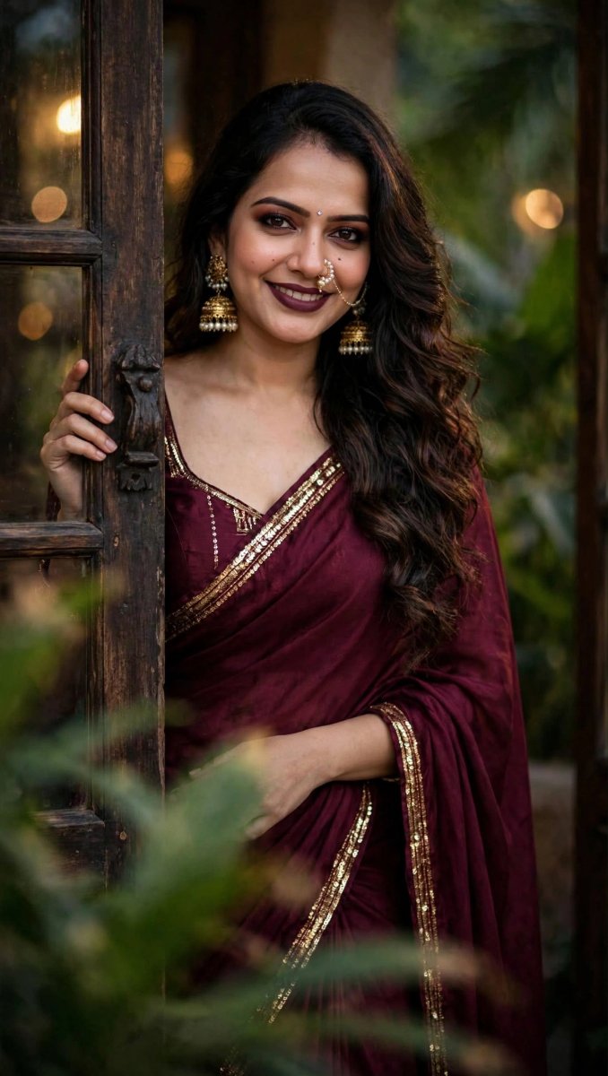 Sanjanaa Arole Wine Maroon Saree - Bindi Nose Ring Window Cinematic Moody Look AI Prompt Visual