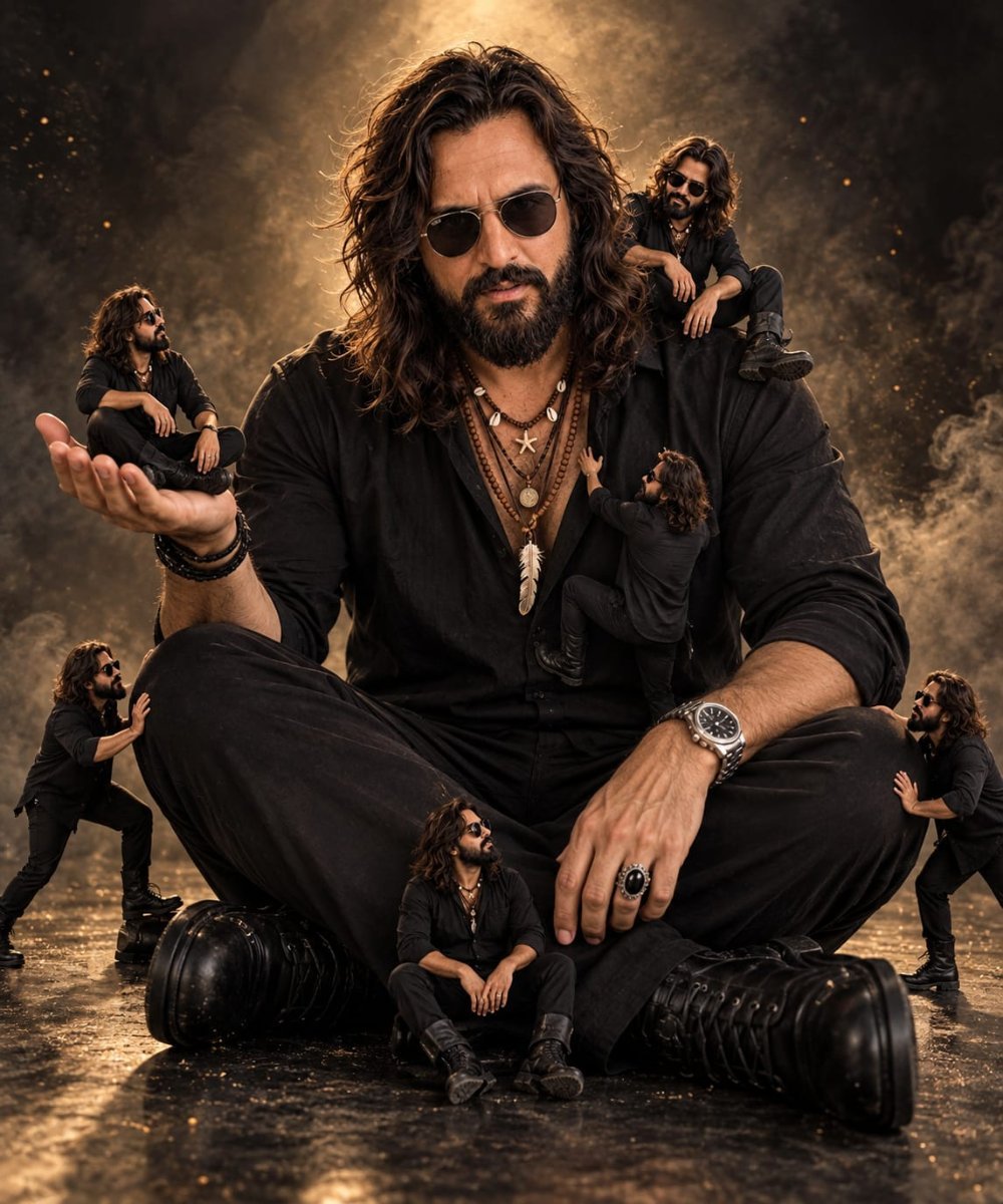 Giant man sitting and identical mini version surrounding him Diinesh Patel AI Prompt Visual