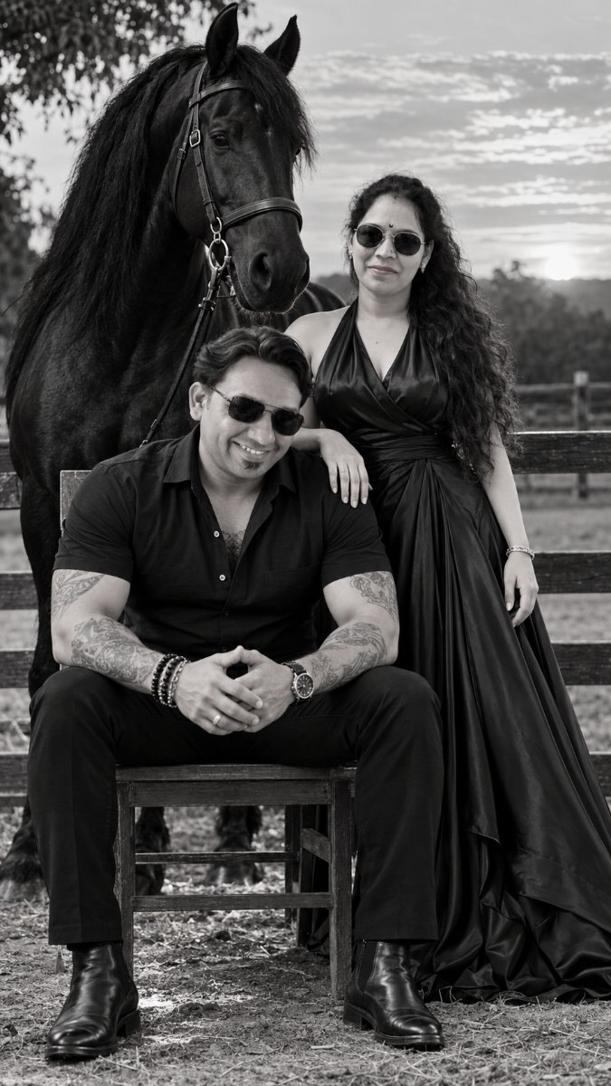 Black Horse Luxury Couple Black And White - Powerful Man Sitting On Chair With Woman Standing And Black Stallion Horse AI Prompt Visual