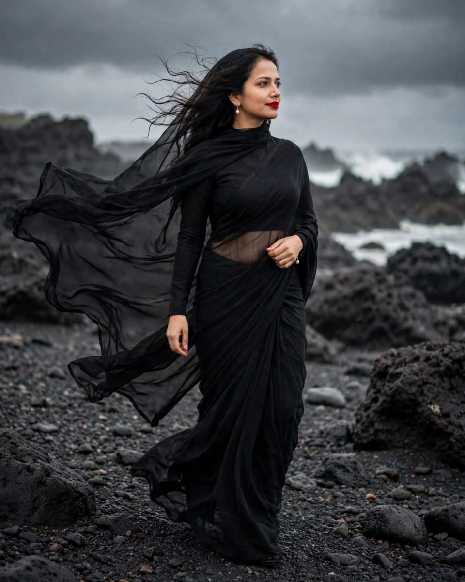 Sanjanaa Arole Iceland Black Beach Saree Look - Black Sheer Chiffon Saree with Full Sleeve Blouse Walking on Rocky Beach Windy AI Prompt Visual