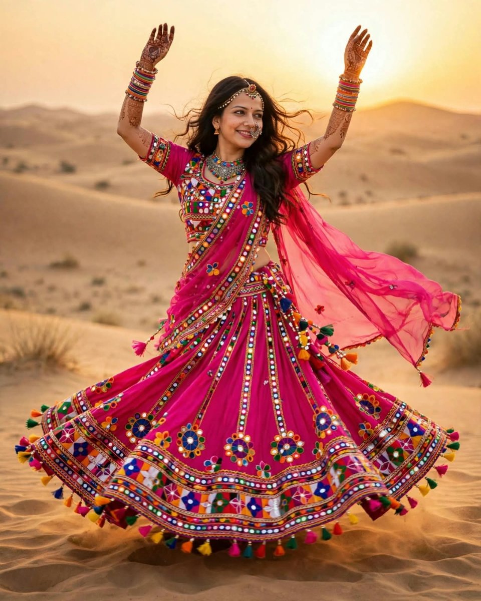 Sanjanaa Arole Desert Banjara Lehenga - Hot Pink Rajasthani Mirror Work Chaniya Choli with Multicolor Embroidery Dancing in Thar Desert AI Prompt Visual