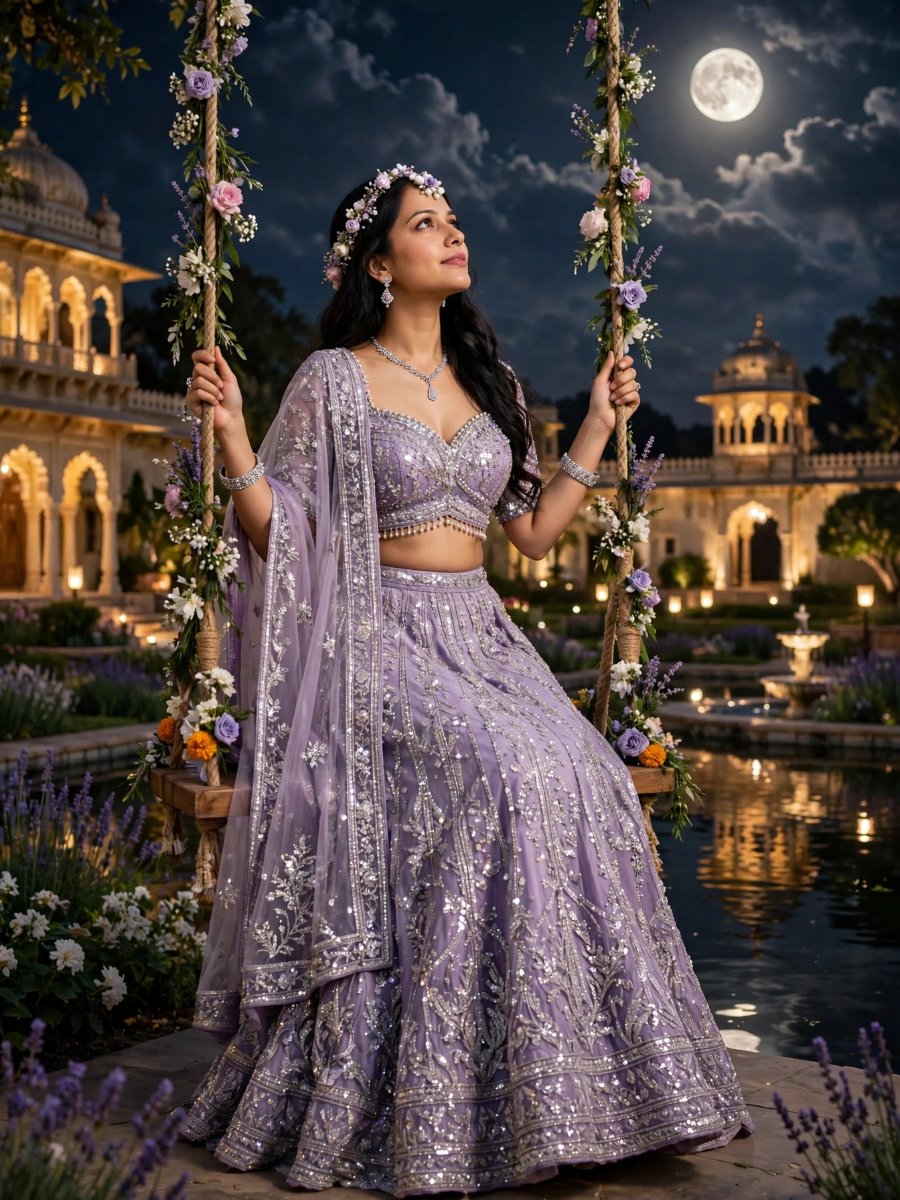 Sanjanaa Arole Sharad Purnima Moonlight Swing Look - Lavender Silver Sequin Lehenga with Floral Jhula AI Prompt Visual