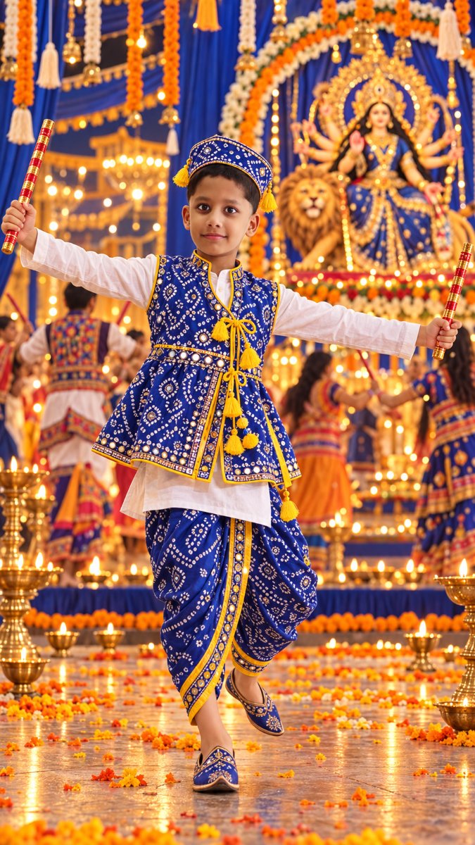 Royal Blue Bandhani - Dandiya Arms Wide Garba - Blue Theme Durga Pandal Night AI Prompt Visual