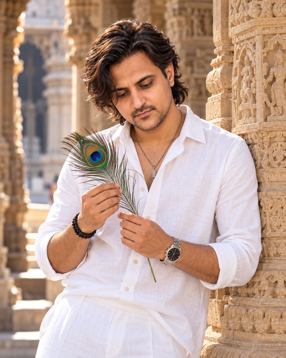 Temple Pillar Peacock Feather White - Diinesh Patel AI Prompt Visual