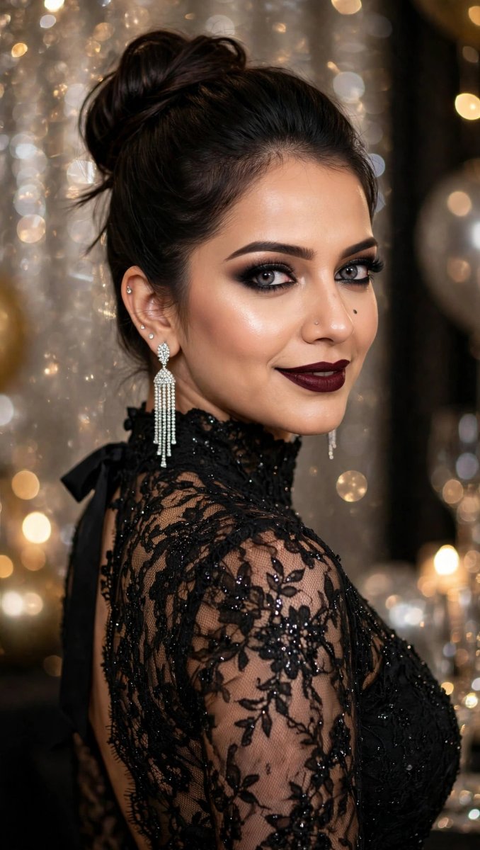 Sanjanaa Arole Black Lace High Neck Gown - Dark Smokey Eyes Burgundy Lips Diamond Tassel AI Prompt Visual
