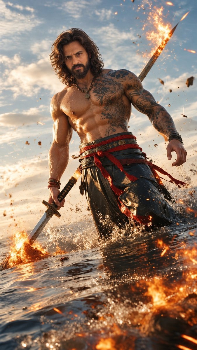 Warrior fighting in ocean Diinesh Patel AI Prompt Visual