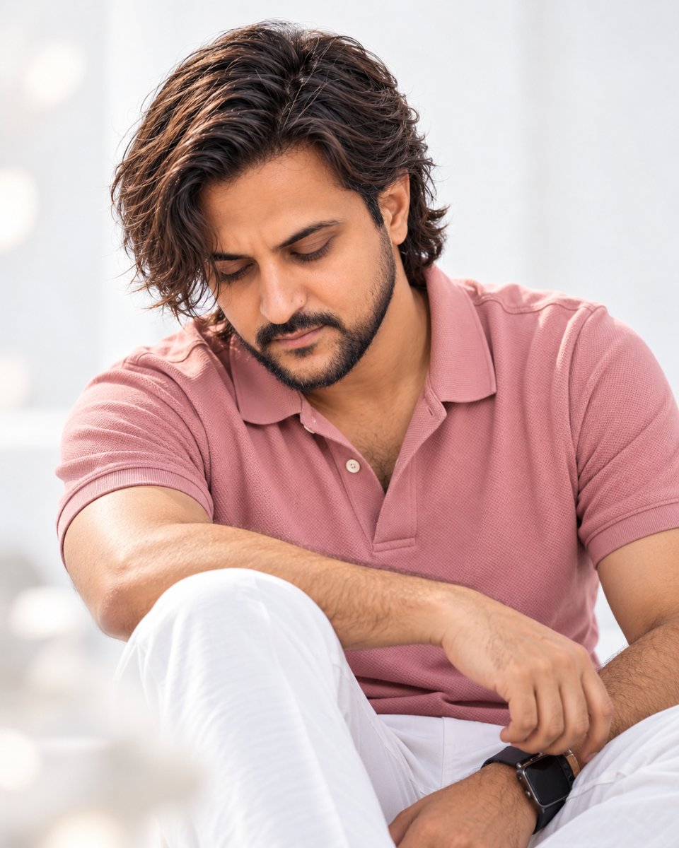 Soft Pink Polo Pensive Sitting - Casual Daydream Portrait Diinesh Patel AI Prompt Visual