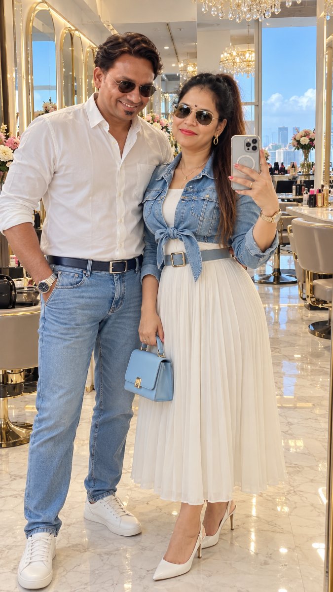 Denim White Mirror Selfie Couple In Luxury Salon - Man In White Shirt Jeans And Woman In White Dress Denim Jacket With Blue Bag AI Prompt Visual