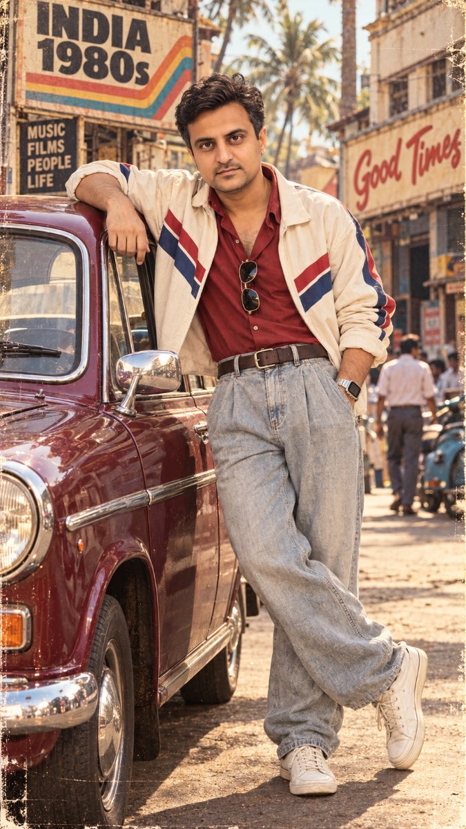 India 1980s Retro - Cream Stripe Jacket Maroon Shirt Vintage Car Lean. Diinesh Patel AI Prompt Visual