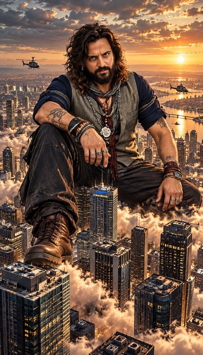 Giant Handsome man sitting on city Diinesh Patel AI Prompt Visual