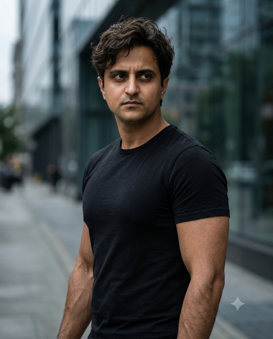Urban Muscle - Black Tee Power Pose Diinesh Patel AI Prompt Visual