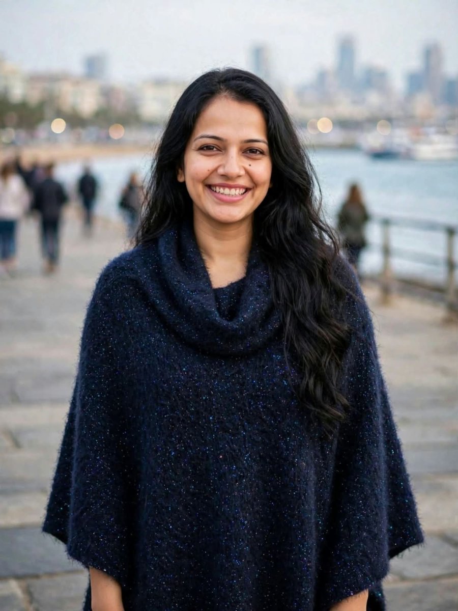 Sanjanaa Arole Waterfront Set - Navy Blue Woolen Shawl Poncho with Draped Neck AI Prompt Visual
