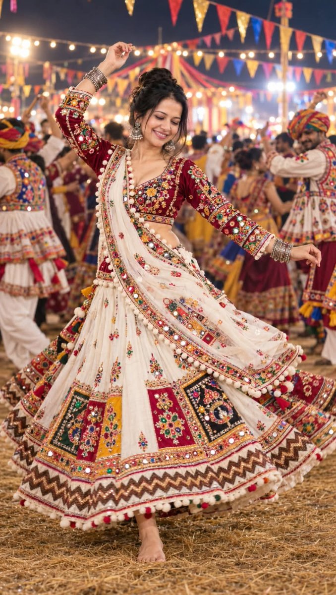 Sanjanaa Arole Navratri Garba Night Lehenga - White and Maroon Patchwork Chaniya Choli with Heavy Embroidery and Mirror Work Garba Dance AI Prompt Visual