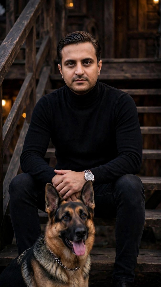 Handsome man sitting with is Dog Diinesh Patel AI Prompt Visual