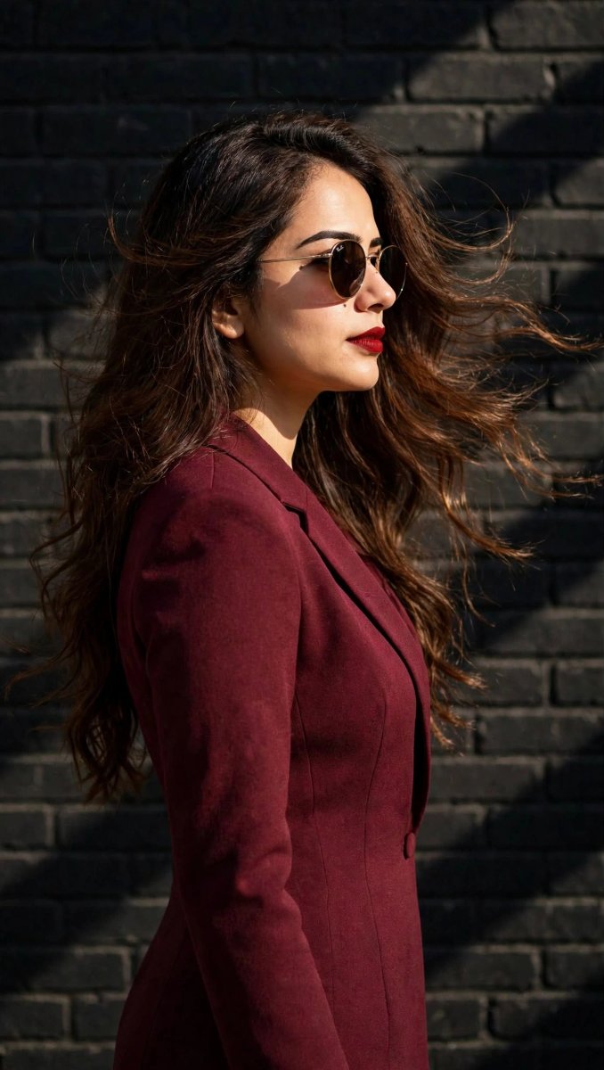 Sanjanaa Arole Maroon Power Suit Round Sunglasses - Wavy Hair Black Brick Wall Chic AI Prompt Visual