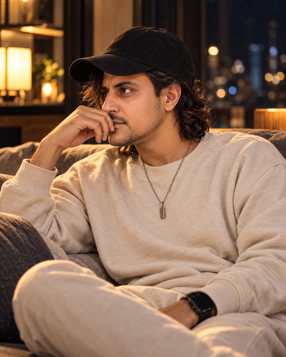 Diinesh Patel  Late Night Thoughts - Cap Sweatsuit Couch Mood AI Prompt Visual