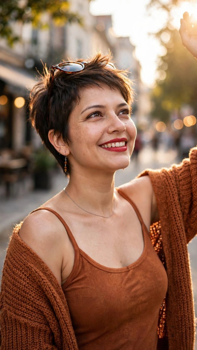 Summer Chic Brown Pixie - Sanjanaa Arole AI Prompt Visual
