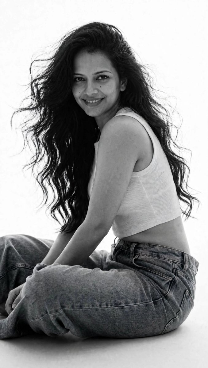 Sanjanaa Arole White Tank Top Baggy Jeans Floor Sit - Long Wavy Hair Wind Blown Smile BW AI Prompt Visual