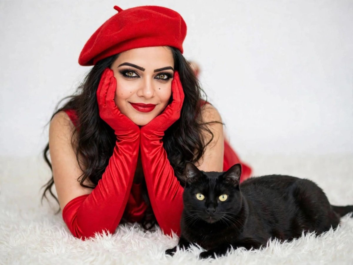 Sanjanaa Arole Red Fashion Set - Red Wool French Beret with Long Satin Opera Gloves and Red Dress with Black Cat AI Prompt Visual