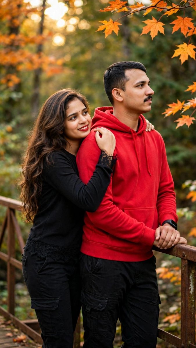 Bridge Lean Couple Goals - Red Hoodie Black Outfit Hug - Face Lock AI Prompt Visual