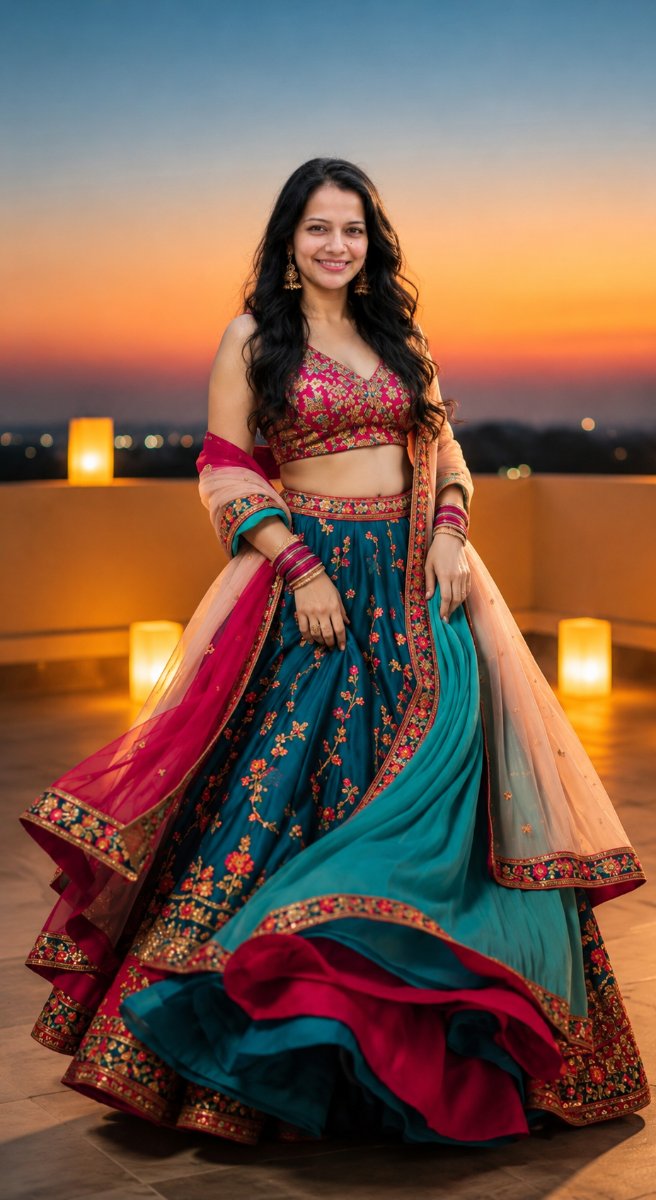 Sanjanaa Arole Navratri dp Rooftop Sunset Glam Look - Teal Blue Floral Embroidered Lehenga with Pink Sequin Blouse and Multicolor Flowing Dupatta AI Prompt Visual