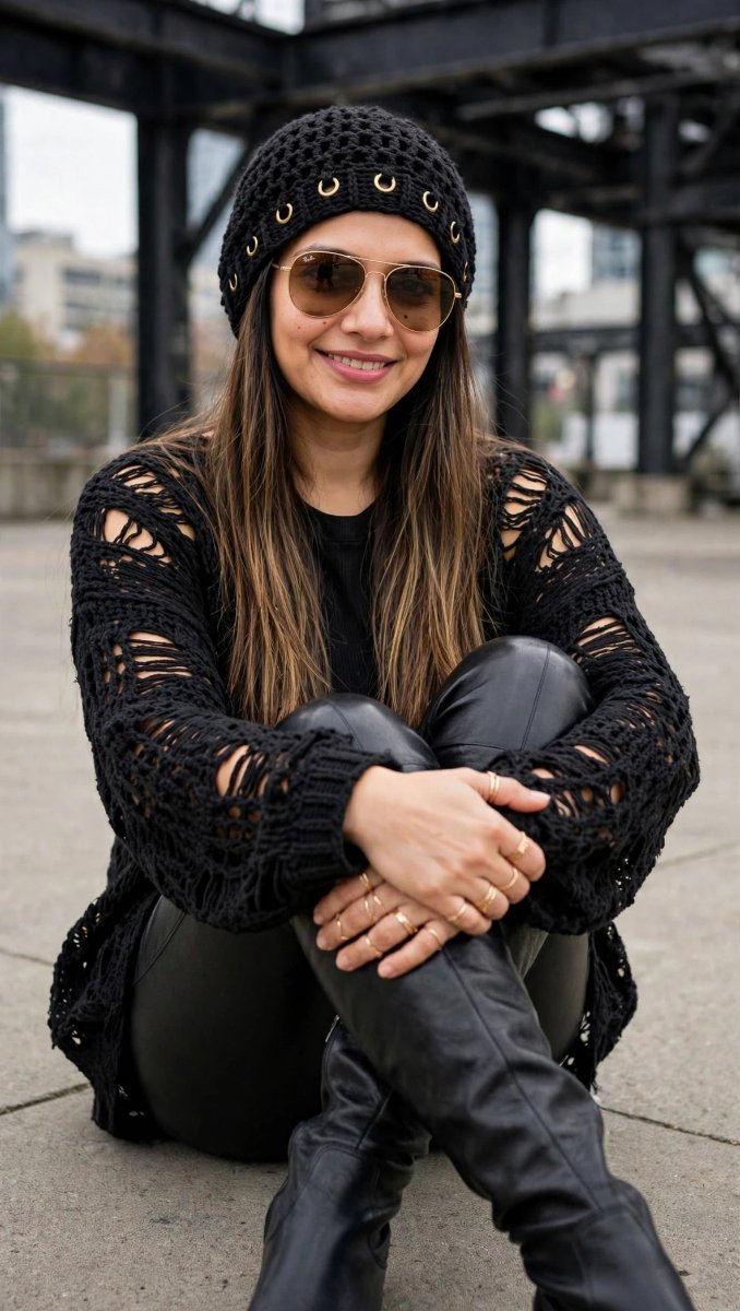 Sanjanaa Arole Black Crochet Sweater Leather Thigh Boots - Beanie Sunglasses Sitting AI Prompt Visual