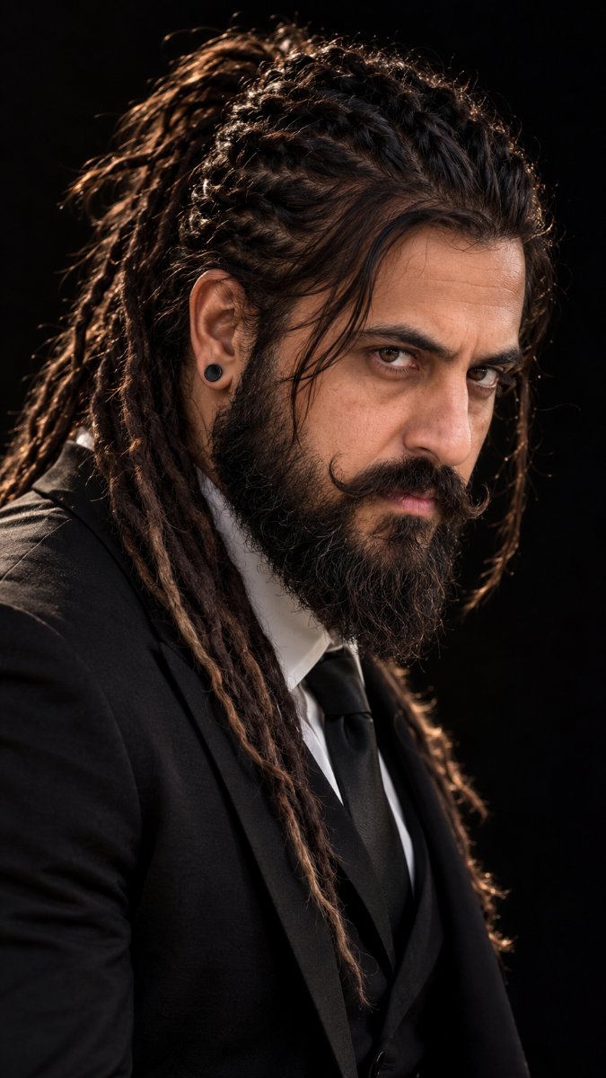 Long Dreadlocks Ponytail Beard Curled Mustache - Diinesh Patel AI Prompt Visual