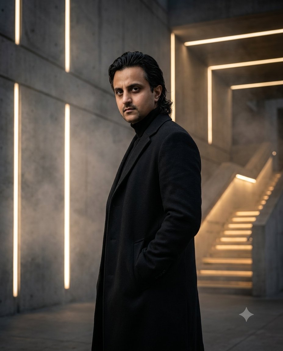 Diinesh Patel Brutalist Noir - Black Overcoat In Cinematic AI Prompt Visual