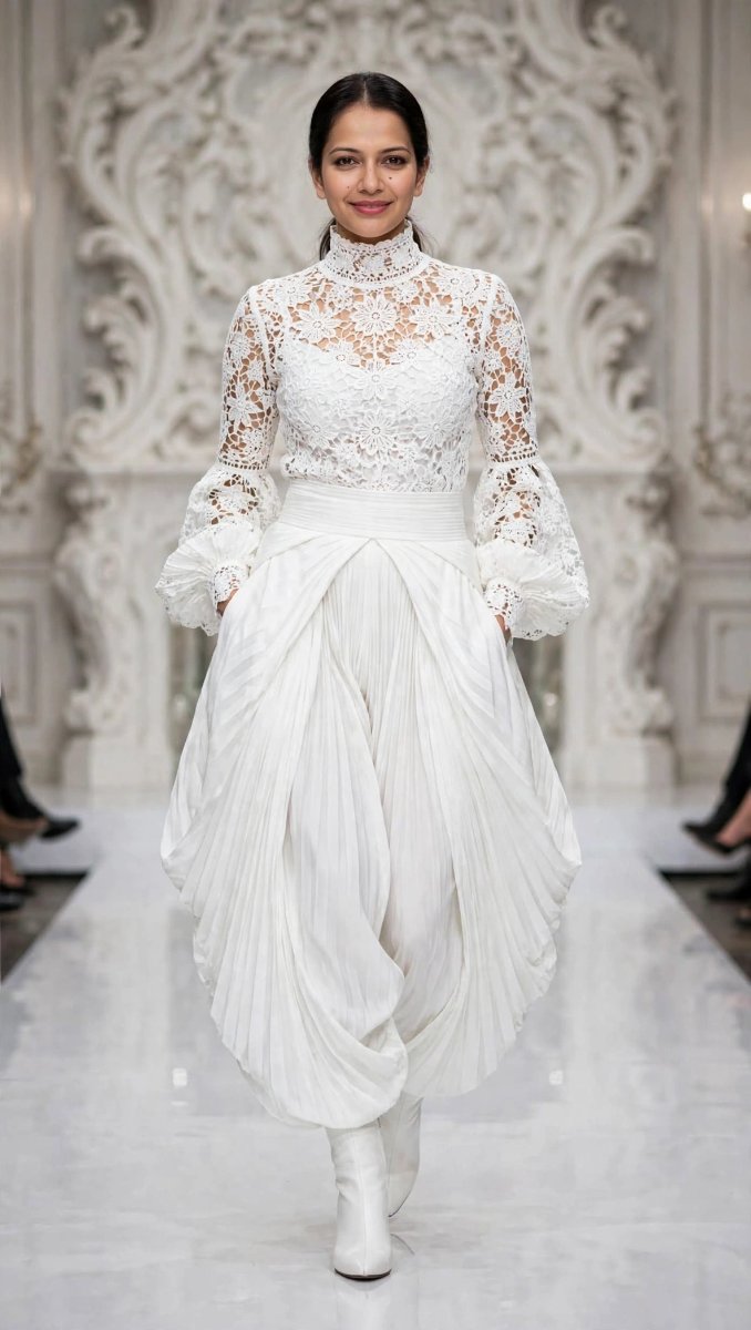 Sanjanaa Arole White Haute Couture Sculptural Gown - Turtleneck Lace Balloon Sleeves Pleated Drape AI Prompt Visual