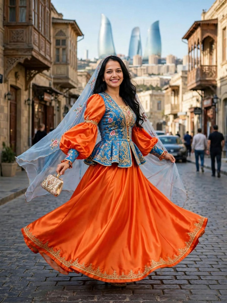 Sanjanaa Arole Azeri Heritage Set - Orange Satin Long Skirt with Blue Floral Peplum Top and Puffy Orange Sleeves and Blue Sheer Dupatta AI Prompt Visual