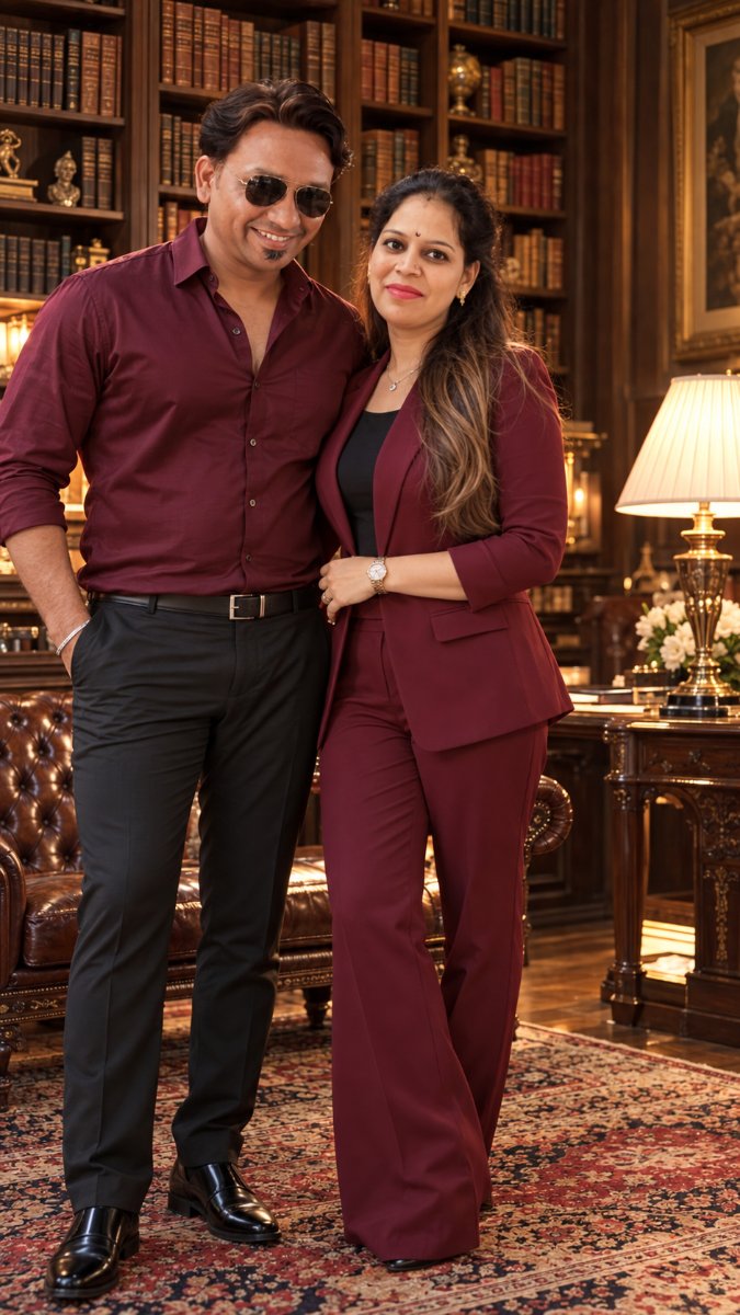 Burgundy Power Couple In Luxury Library Office - Man In Maroon Shirt And Woman In Burgundy Pantsuit Blazer AI Prompt Visual
