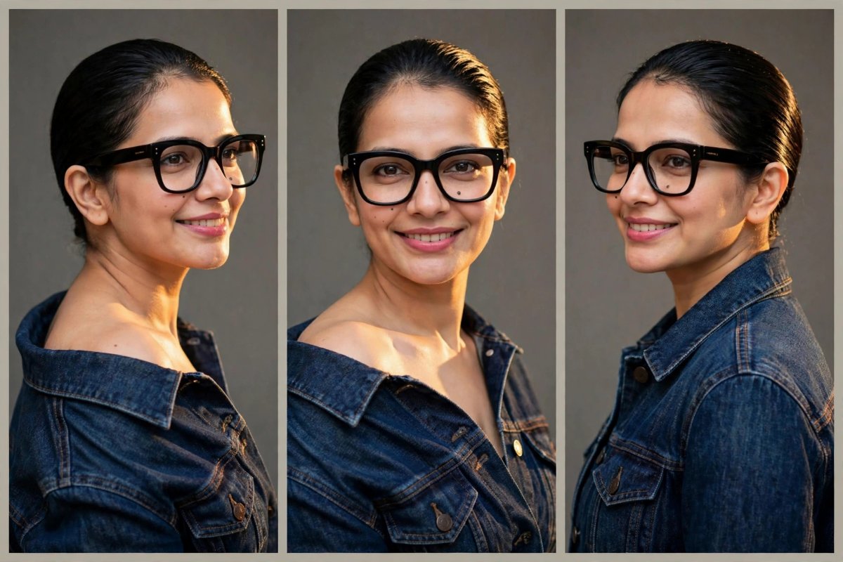 Sanjanaa Arole 3 Panel Black Glasses - Denim Jacket Off Shoulder - Slick Bun Studio Portrait AI Prompt Visual