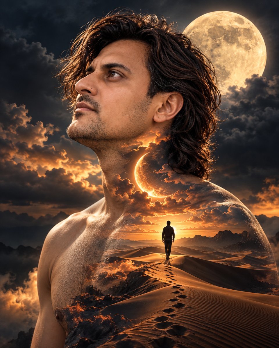 Diinesh Patel Soul Desert - Moon Clouds Double Exposure Dream AI Prompt Visual