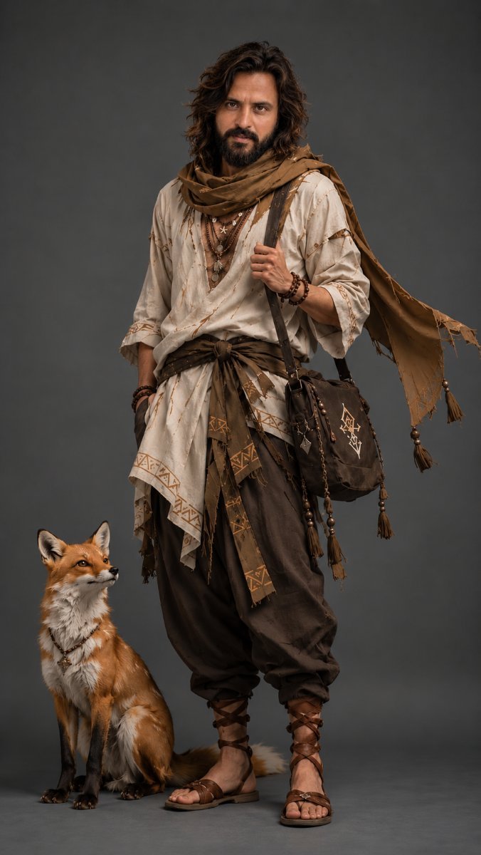 Handsome man in boho desert look  wanderer + fox pet Diinesh Patel AI Prompt Visual