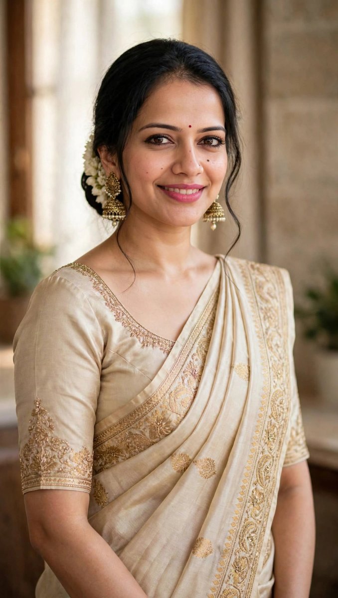 Sanjanaa Arole Beige Cream Silk Saree - Gold Jhumka Gajra Bun Bindi South Indian Bridal AI Prompt Visual